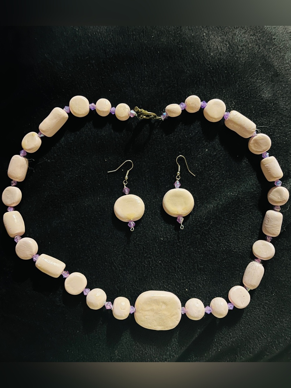 Handmade Blush Pink & Lavender Beaded Statement Necklace Earrings Set 26”